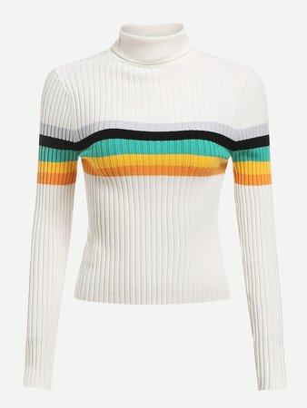Rolled Neck Striped Rib Knit Sweater | SHEIN