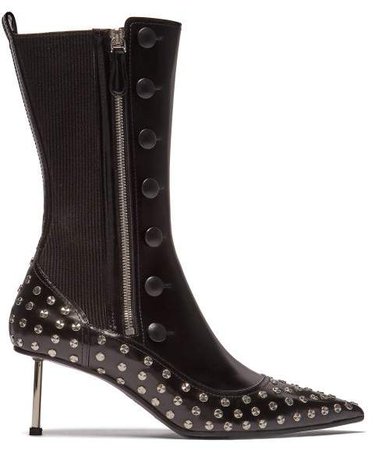 Stud Embellished Leather Ankle Boots - Womens - Black Silver