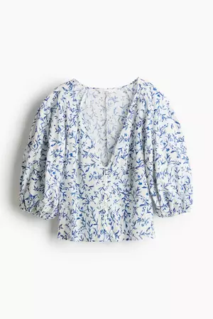 Linen-blend Blouse - V-neck - 3/4 sleeve -White/blue floral -Ladies | H&M US