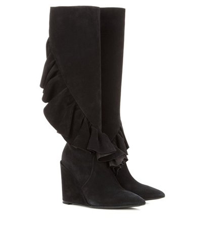 Ruffled suede knee-high wedge boots