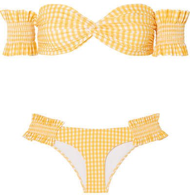 Andros Off-the-shoulder Shirred Gingham Bikini - Yellow