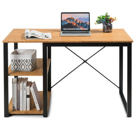 Basics Classic Computer Desk with Shelves, Modern Simple Style Writing Computer Desk, Sturdy Writing Desk with Bamboo Wood Top, Suitable for Home Office