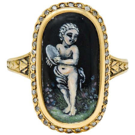 1880 Victorian Diamond Enamel 18 Karat Gold Thalia Muse Painted Portrait Ring For Sale at 1stDibs