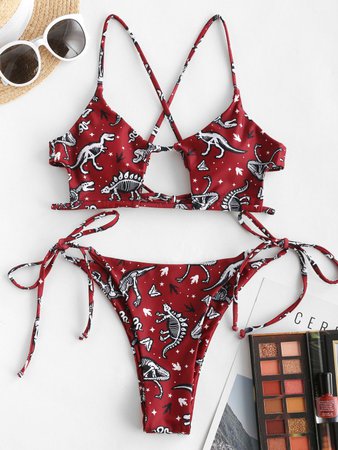 [21% OFF] 2021 ZAFUL Dinosaur Print Crisscross Back Tie Side Bikini Swimwear In DEEP RED | ZAFUL