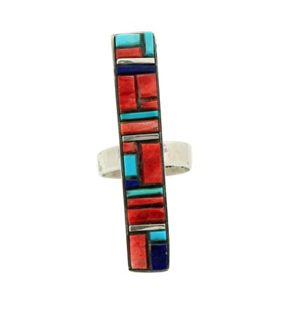 Edward Becenti Navajo Handmade Red Spiny Oyster Shell, Lapis, And Turquoise Inlay Ring