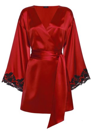 Red silk satin short robe with frastaglio