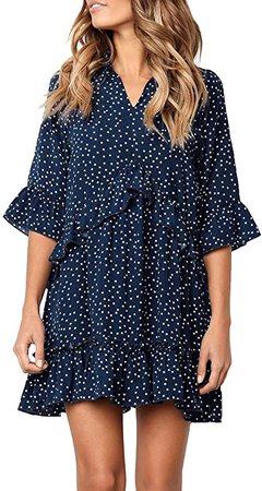 MITILLY Women's V Neck Ruffle Polka Dot Pocket Loose Swing Casual Short T-Shirt Dress Small Dark Blue