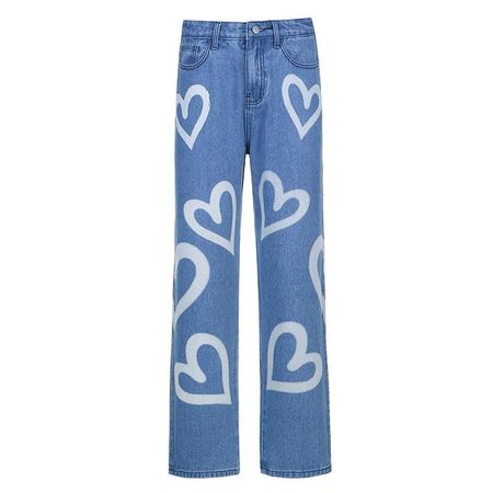 "LOVE" pattern contrast straight leg high rise baggy jeans – Halibuy