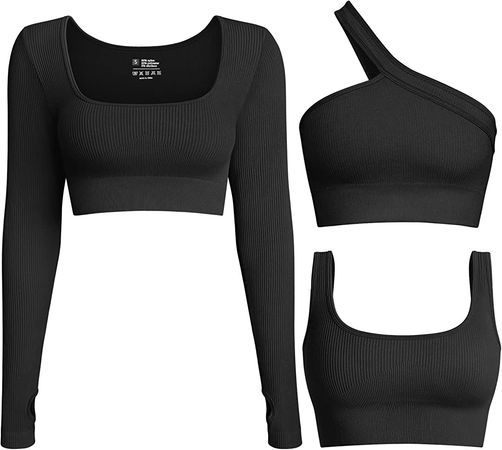 Amazon.com: OQQ Women's 3 Piece Crop Tops Ribbed Long Sleeve Workout Tops One Shoulder Yoga Crop Top Exercise Sports Bra Beige : Clothing, Shoes & Jewelry