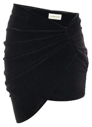 Asymmetric Draped Velvet Mini Skirt - Womens - Black