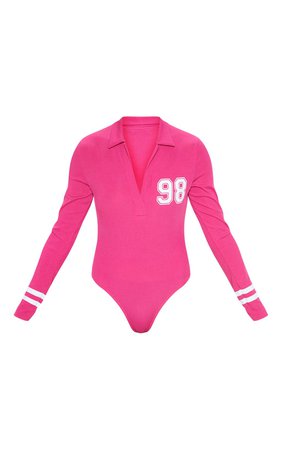 Hot Pink 98 Slogan Rib Collar Long Sleeve Bodysuit | PrettyLittleThing USA