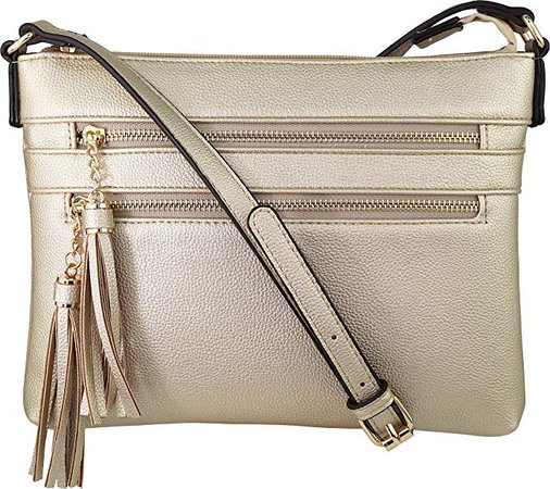 B BRENTANO Vegan Multi-Zipper Crossbody Handbag Purse with Tassel Accents (Gold): Handbags: Amazon.com