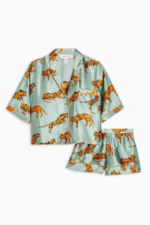 Sage Tiger Print Satin Pajama Set | Topshop