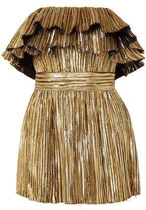 Strapless Ruffled Pleated Lame Mini Dress
