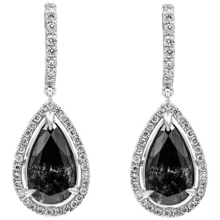 Roman Malakov, Pear Shape Black Diamond Halo Drop Earrings For Sale at 1stDibs