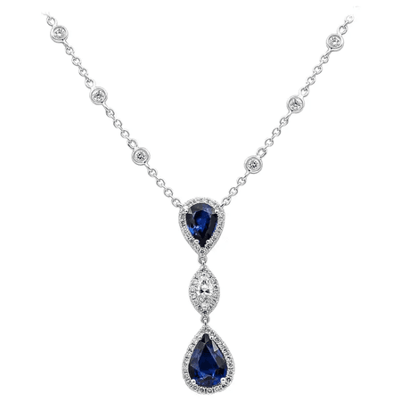Pear Shape Blue Sapphire and Diamond Halo Drop Pendant Necklace