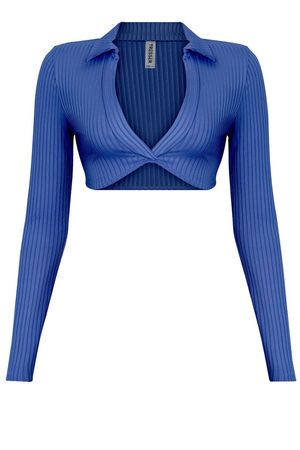 blue collared long sleeve crop top