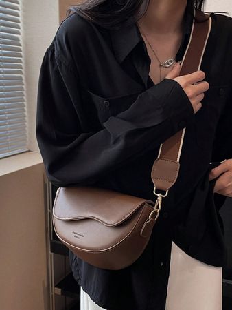 Women's Vintage Solid Color Saddle Bag, Wide Strap Crossbody Bag, PU Leather Shoulder Purse | SHEIN