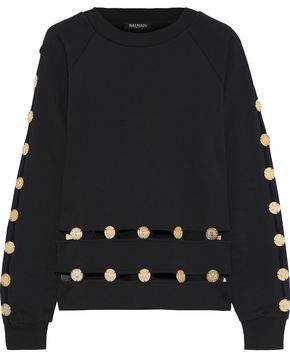 Button-embellished Cutout French Cotton-terry Sweatshirt