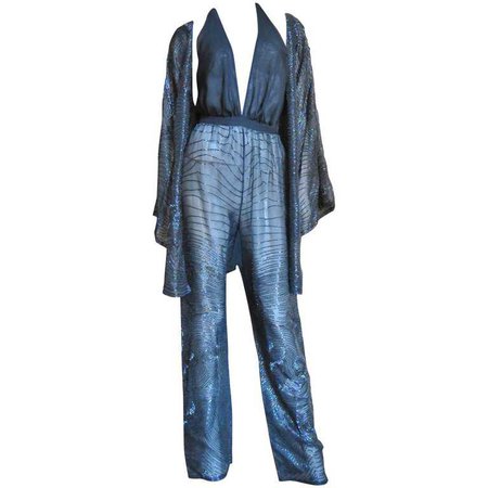 1970s Halston Plunging Beaded Jumpsuit and Draped Jacket For Sale at 1stdibs