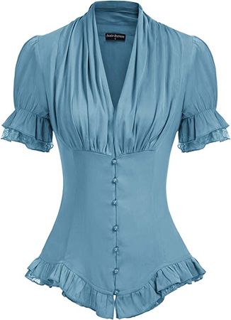 Women Elegant Dressy Blouse V Neck Puff Sleeve Shirt Office Top Perwinkle XL at Amazon Women’s Clothing store