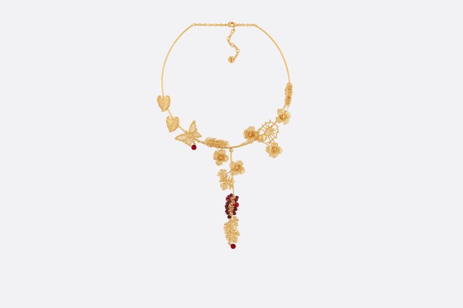 Dior, MILLE FLEURS DE DIOR NECKLACE Gold-Finish Metal and Burgundy Glass Beads