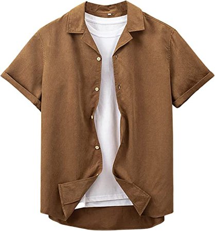Romwe Men's Button Down Shirt Short Sleeve Button Up Casual Summer Blouse Top Rust Brown M at Amazon Men’s Clothing store