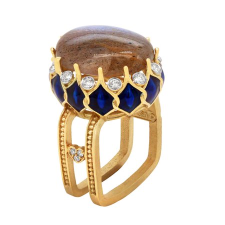Stambolian 18 Karat Yellow Gold Diamond Oval Labradorate Cobalt Blue Enamel Ring