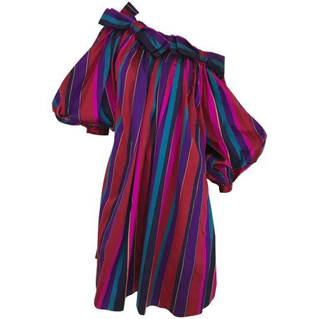1980s Saint Laurent Red and Purple Striped Silk Dress With Oversized Sleeves For Sale at 1stdibs