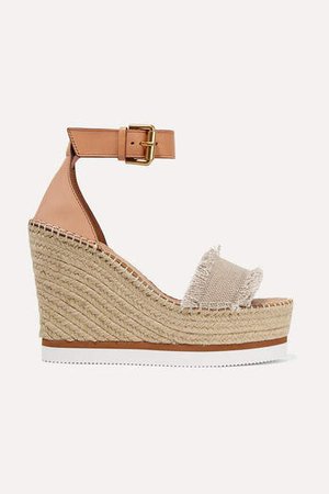 Canvas And Leather Espadrille Wedge Sandals - Beige