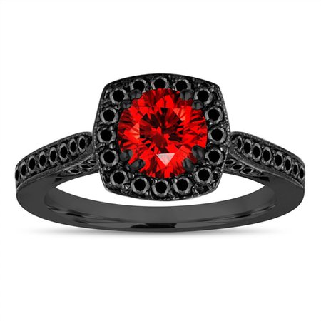 Vintage Red Diamond Engagement Ring, Fancy Color Wedding Ring 14K Black Gold 1.16 Carat Certified Halo Pave Unique