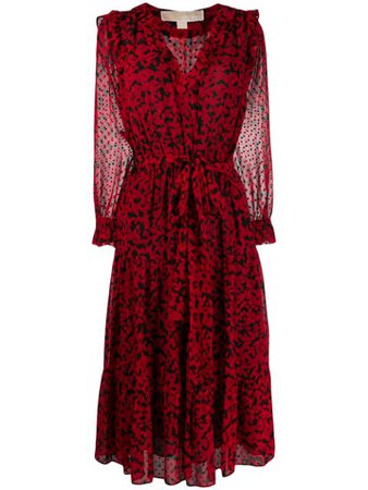 Red Michael Michael Kors Leaf Print Ruffled Dress | Farfetch.com