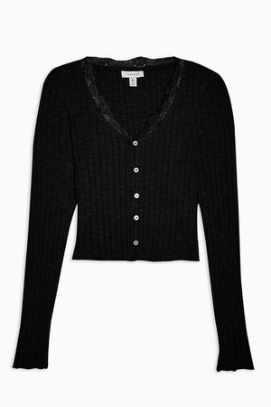 PETITE Black Long Sleeve Ribbed Lace Trim Cardigan | Topshop