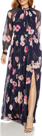 Metallic Floral Long Sleeve Chiffon Gown ADRIANNA PAPELL
