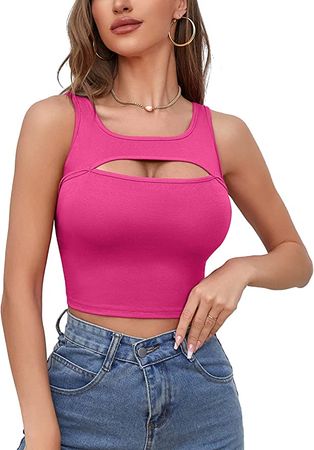 V FOR CITY Women Front Cutout Crop Tank Cotton Sleeveless Cropped Shirts Going Out Tops Hot Pink at Amazon Women’s Clothing store