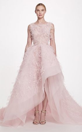 Feather-Embellished High-Low Tulle Ball Gown By Marchesa | Moda Operandi