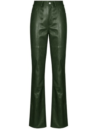Olive green leather pants, trousers.