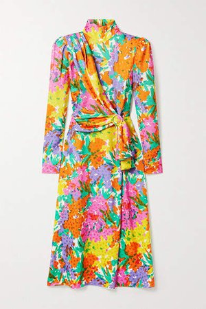 Draped Floral-print Silk-jacquard Midi Dress - Yellow