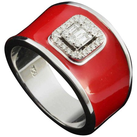 Diamond Emerald Illusion Fashion Ring with Red Enamel in 18 Karat Gold For Sale at 1stDibs