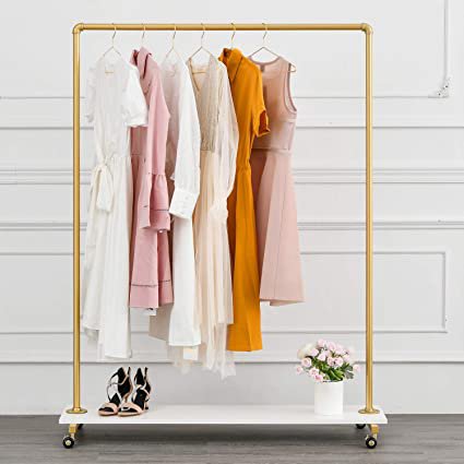 Amazon.com: BOSURU Modern Rolling Clothing Rack on Wheels Industrial Pipe Clothes Rack with Wood Shelf Heavy Duty Metal Garment Rack for Laundry Room, Retail Store Gold 47" L: Home & Kitchen