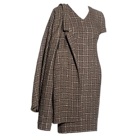 Chanel by Karl Lagerfeld checked taupe bouclé wool dress and jacket set, fw 1995 For Sale at 1stDibs