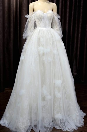 Boho white light ivory floral lace off the shoulder quarter sleeves A-line wedding dress with sweep train