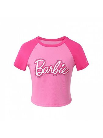 Rhinestone Trim Barbie Text Front Crop T-shirt