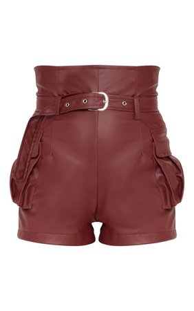 Petite Burgundy Faux Leather Belted Shorts | PrettyLittleThing