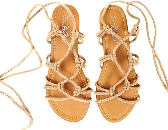 Amazon.com | Heltid Women's Open Toe Lace Up Gladiator Flat Sandals，Slip on Roman Sandals | Flats