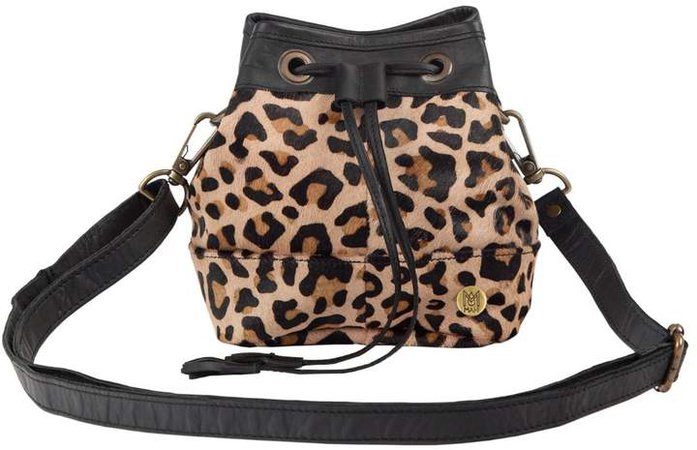MAHI Leather - Mini Bucket Drawstring Bag In Leopard Print Pony Hair & Black Leather
