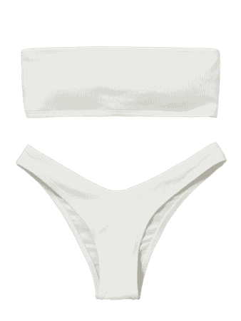 High Cut Ribbed Bandeau Bikini Set WHITE: Bikinis S | ZAFUL