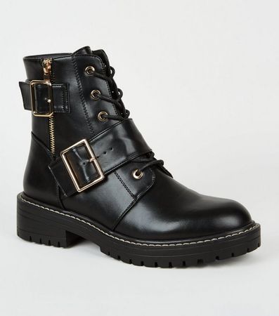 Black Leather-Look Lace Up Buckle Boots | New Look
