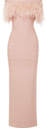 Off-the-shoulder Feather-trimmed Bandage Gown - Pink