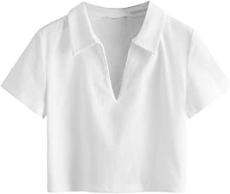 SweatyRocks Women's Collar Ribbed Knit Tee Short Sleeve Crop Top T-Shirts White Small at Amazon Women’s Clothing store